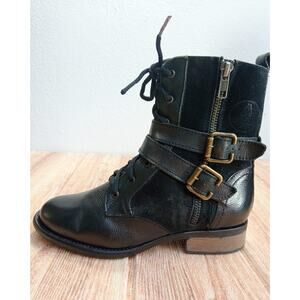 Hush Puppies Women's Boots Combat Leather Side Zip Buckle Block Heels Black Sz 5